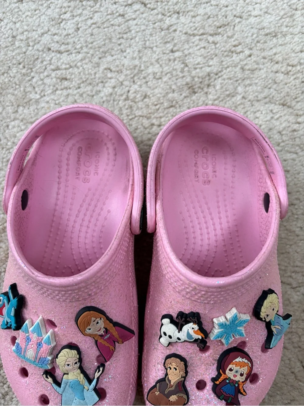 Crocs Little Kid Size 13 Pink Glitter Slip On Clog Sandals with Frozen Jibbitz